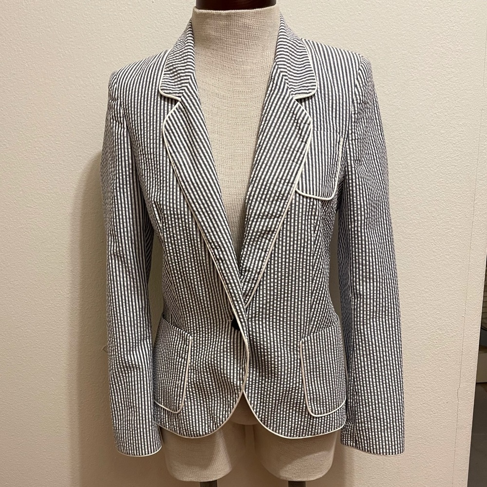 Zara Navy and White Striped Seersucker Blazer